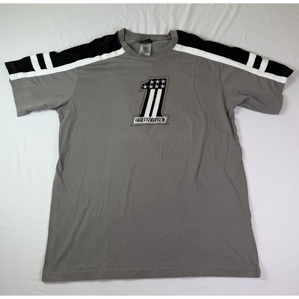 Harley Davidson #1 Victory T-Shirt Size Large Gray Black White Sleeves